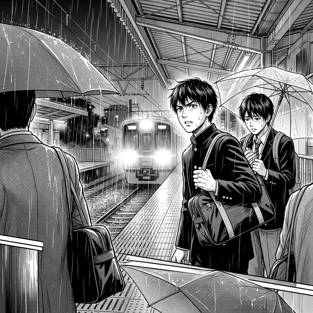 Commuters stand under umbrellas on a suburban train platform as headlights approach through rain
