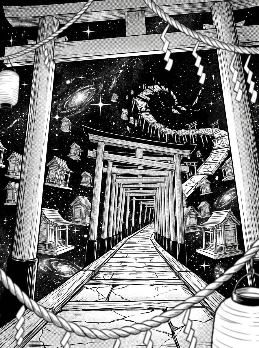 A domain-expansion-style infinite corridor of shrines and stars, with no visible owner