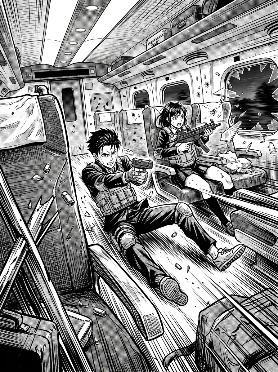 Inside a speeding bullet train carriage, two gunfighters slide between seats as shattered glass and shell casings streak across the aisle