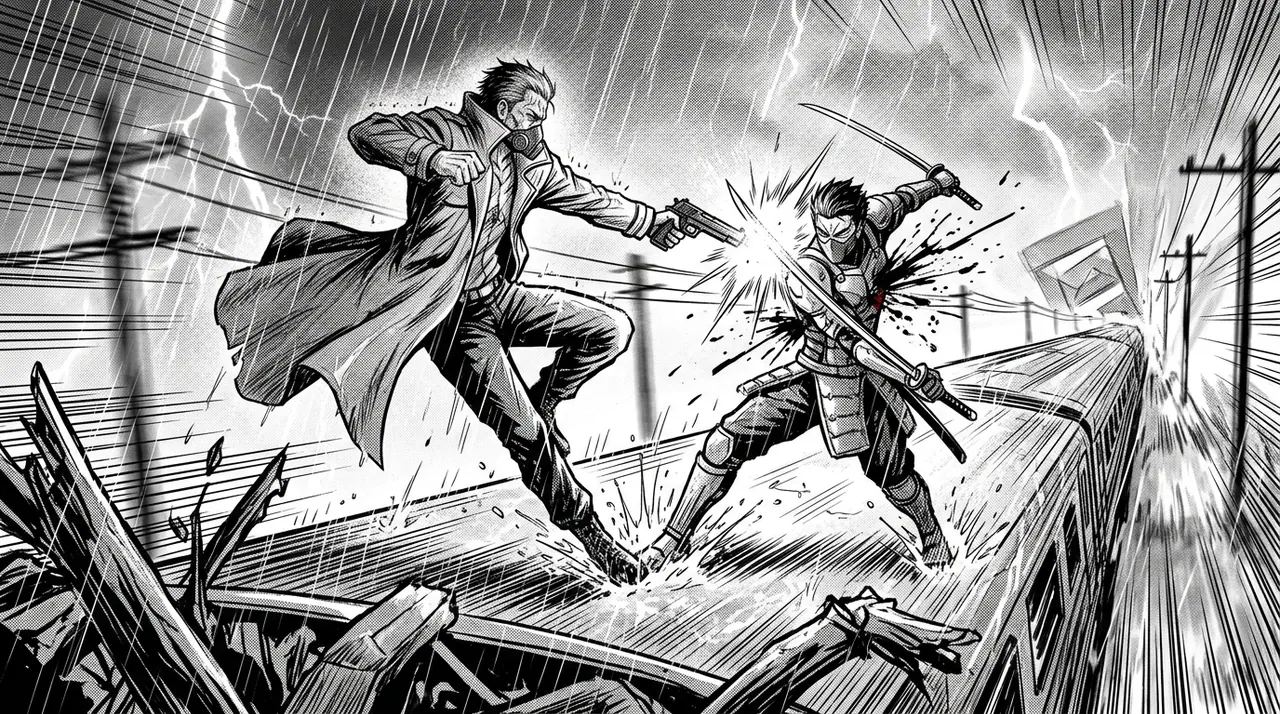 On the roof of a bullet train in a storm, a coat-flapping marksman and a blade user exchange point-blank shots and slashes
