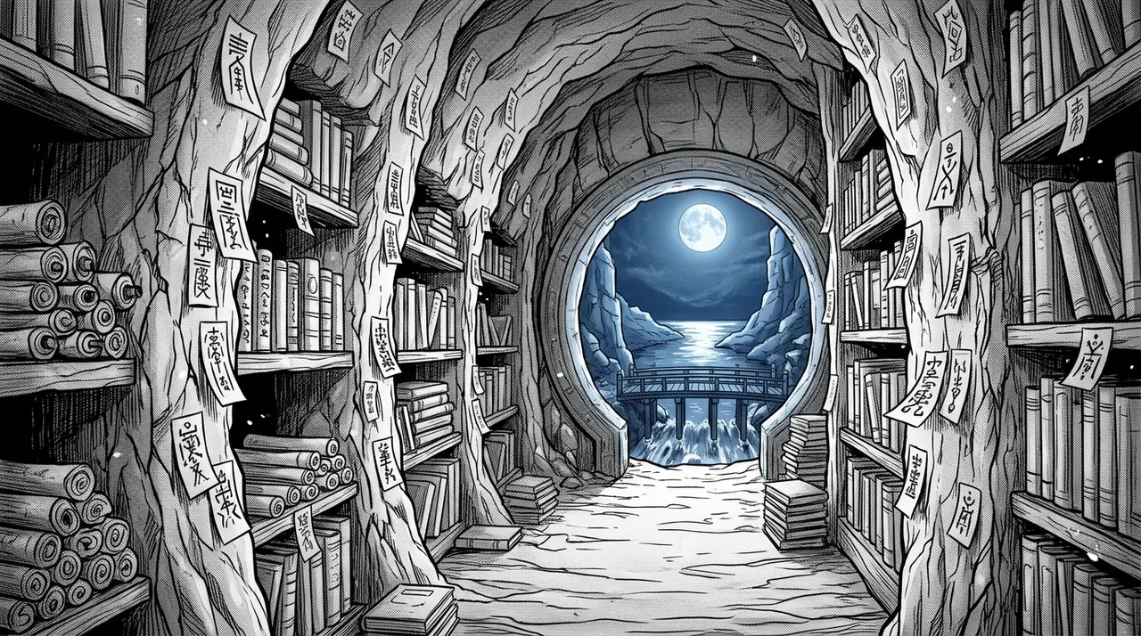 A hidden library carved into a cliff, thousands of paper talismans fluttering in still air