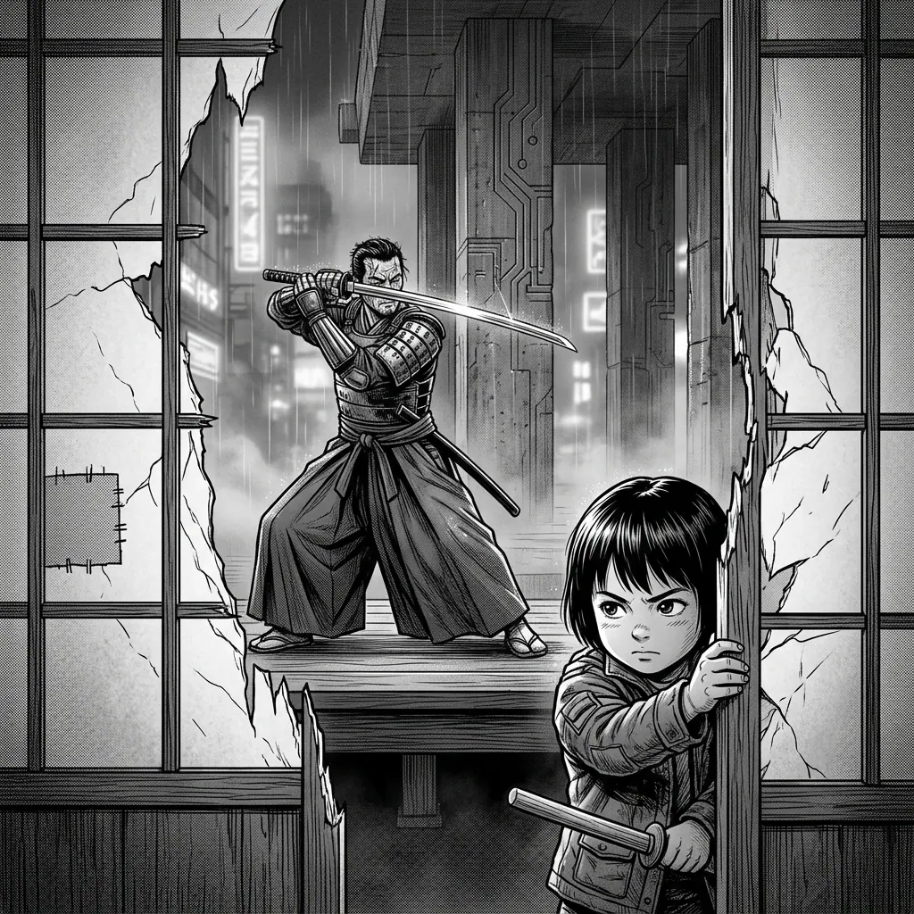 A child watches sword practice through torn shoji, copying every movement