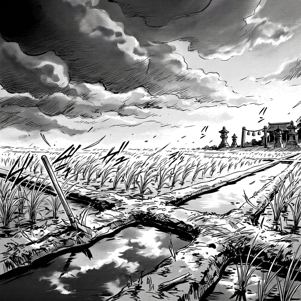 A wind-swept rice field at dusk with irrigation channels reflecting storm clouds and distant shrine bells
