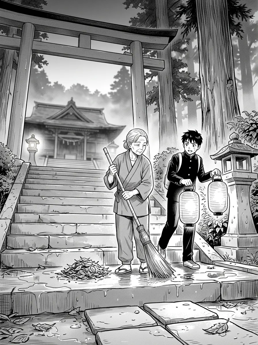 A shrine caretaker sweeps wet stone steps at dawn while a local student helps carry lanterns after a storm