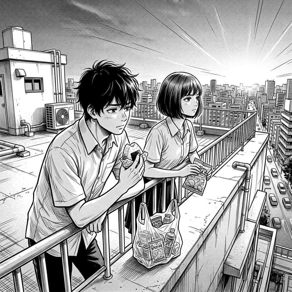 Two classmates share convenience-store snacks on a school rooftop at sunset, city skyline behind them