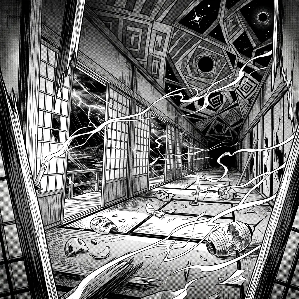 A deserted castle corridor with open shoji and candle smoke dragged by wind