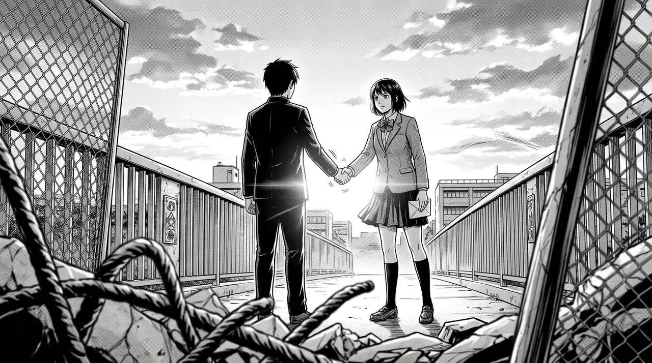 Two classmates meet on a pedestrian bridge at sunset, one holding an unopened confession letter and shaking hands