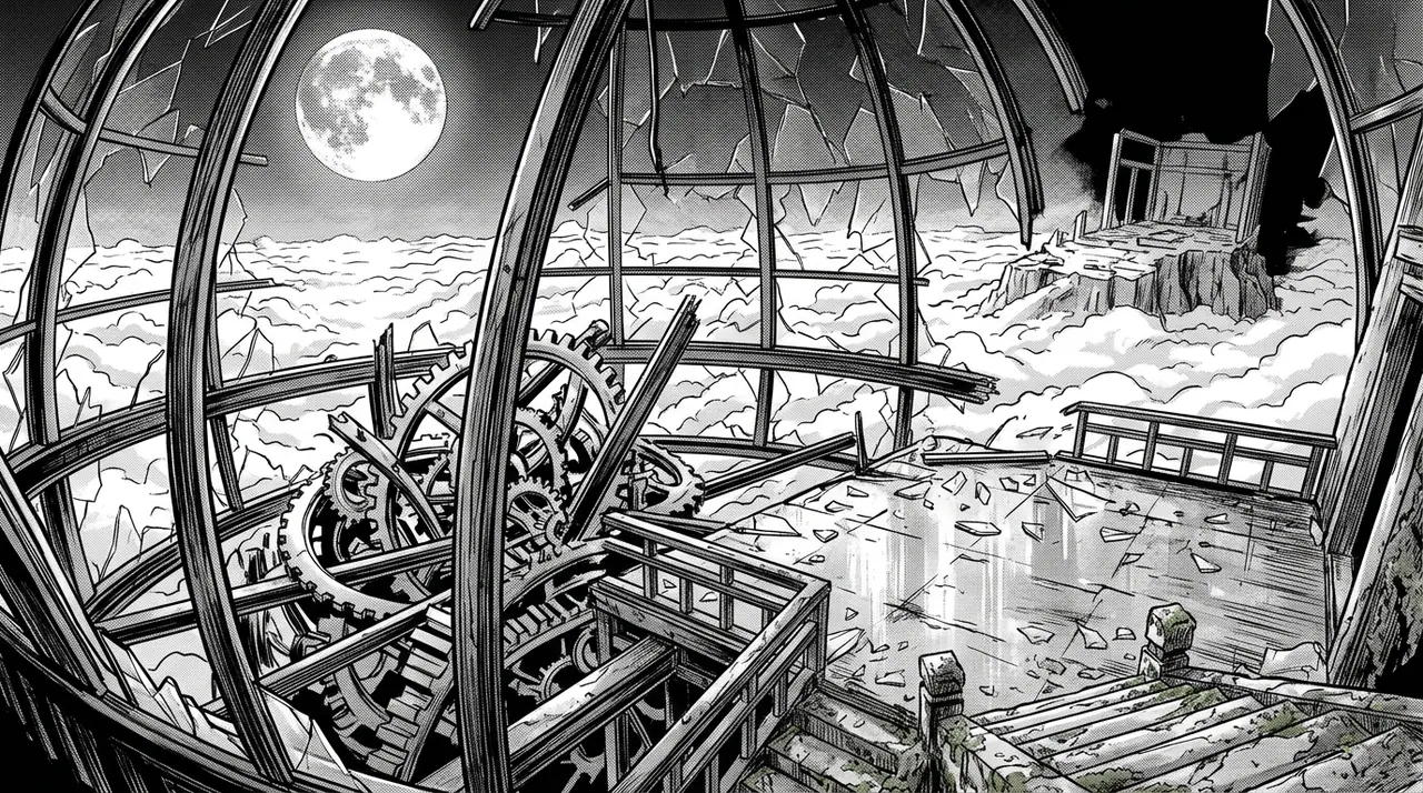 An abandoned observatory above clouds with broken glass domes and moonlit gears