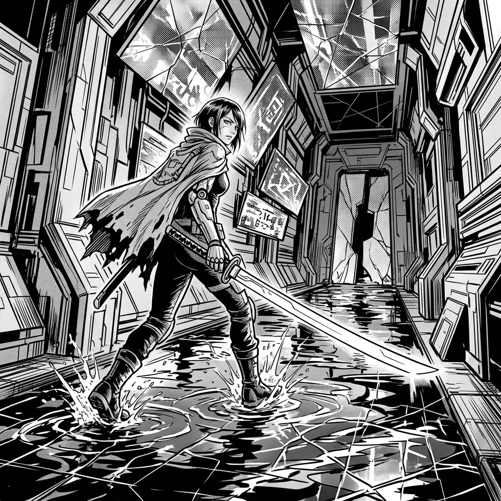 A cybernetic swordswoman advances down a flooded neon corridor as holographic ads fracture in puddle reflections