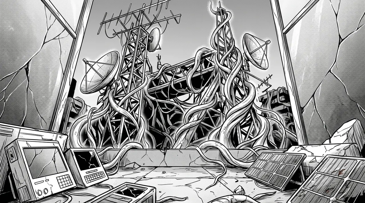 A city rooftop garden overtaken by luminous vines and abandoned signal arrays