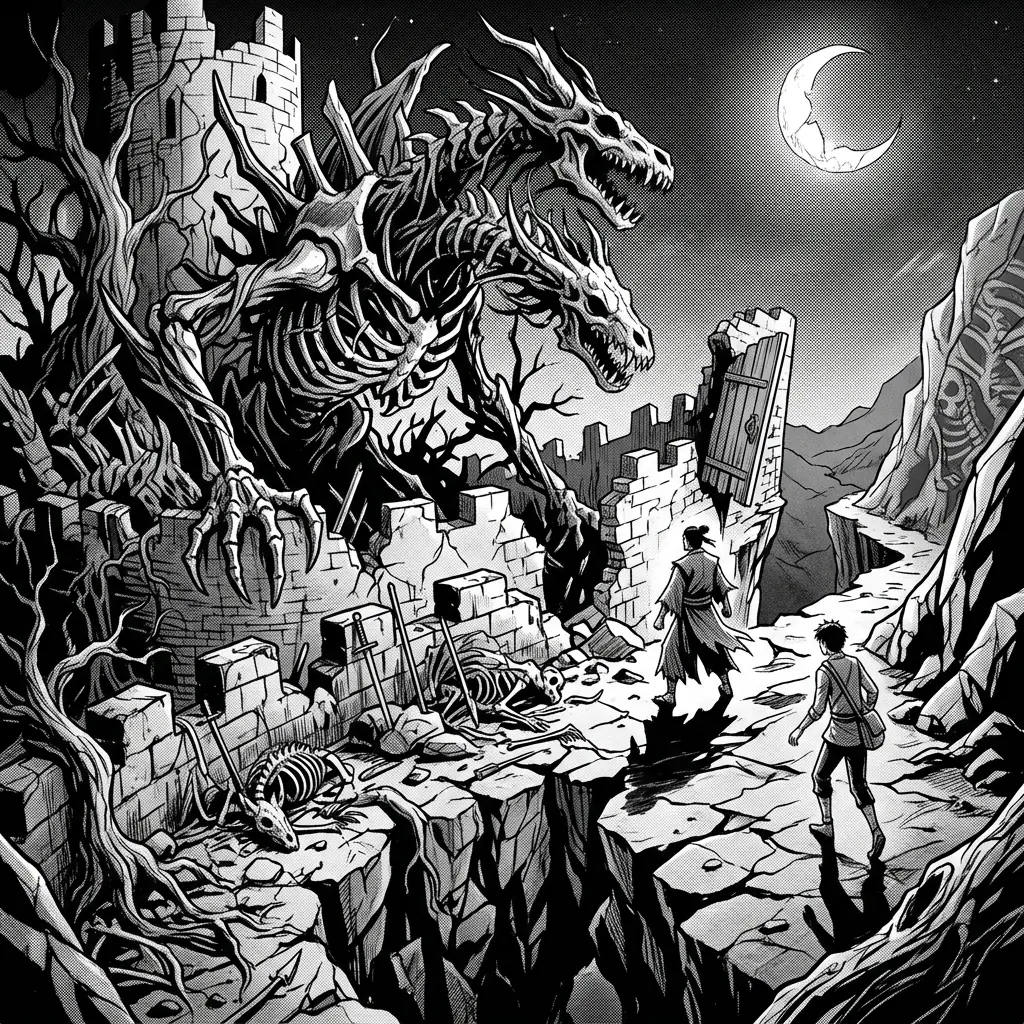 A skeletal castle beast looming over ruined battlements in hard moonlight