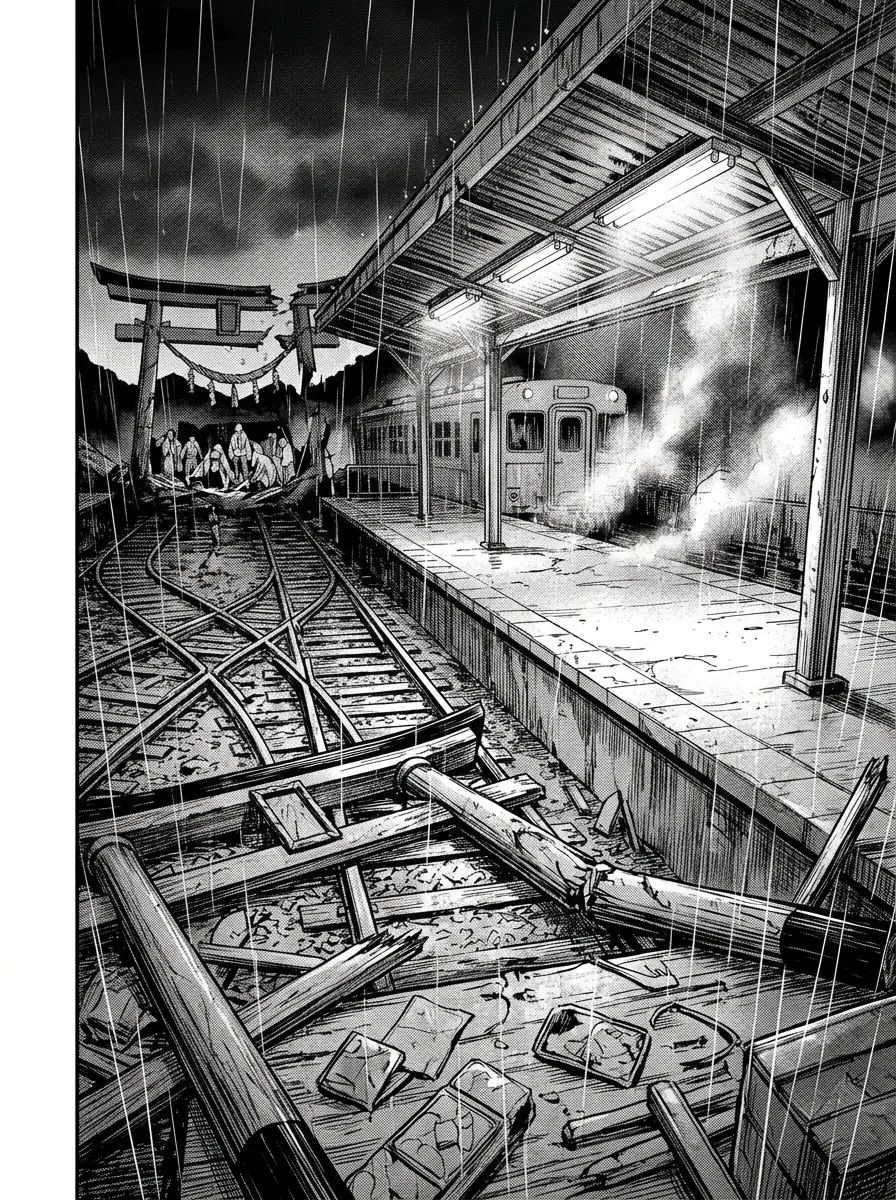 A silent train platform at night with drifting steam and rain stripes under fluorescent lights