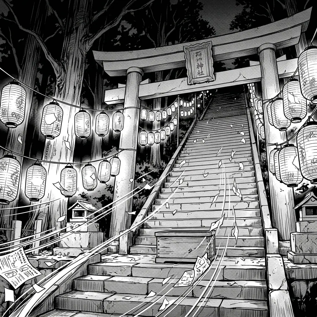 A shrine stairway lined with lanterns after a festival, paper scraps blowing uphill