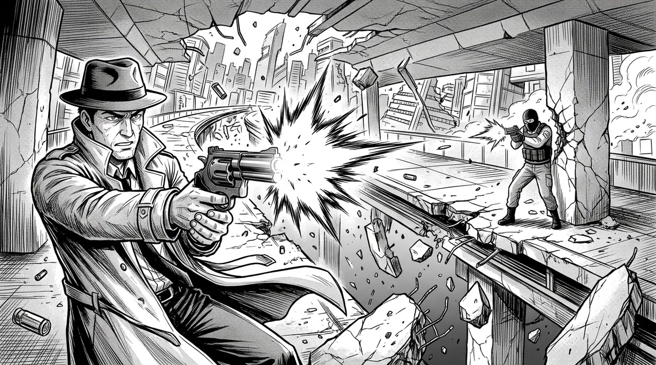A detective in a long coat unloads a revolver at a masked gunman across a collapsing maglev platform