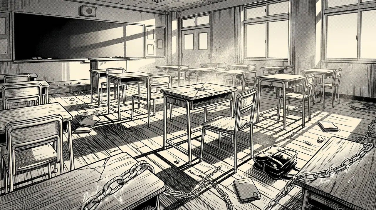 An empty classroom at golden hour, chalk dust suspended and desks casting long hard shadows