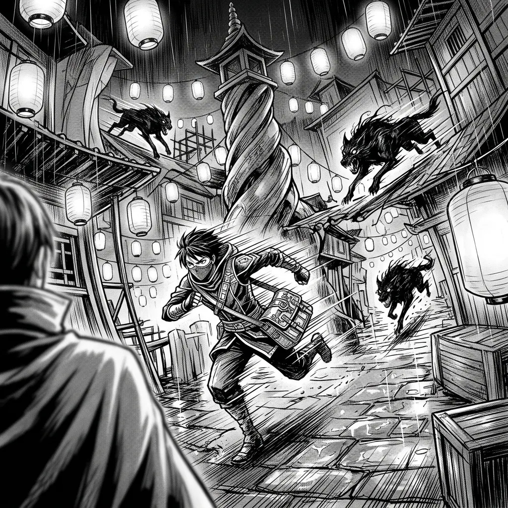 A masked courier runs through a night market of floating lanterns while shadow hounds leap between rooftops