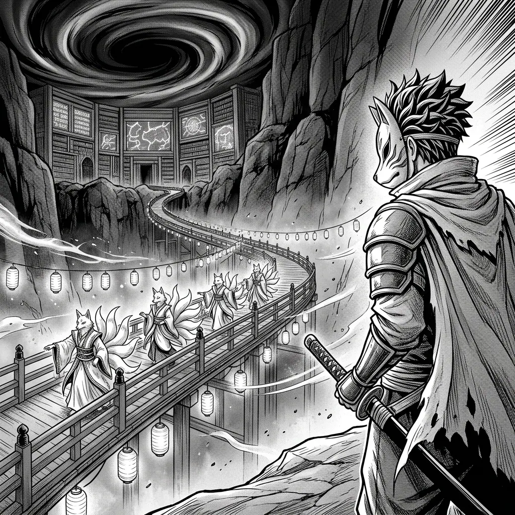 A fox-spirit procession crossing a vermilion bridge under lantern rain