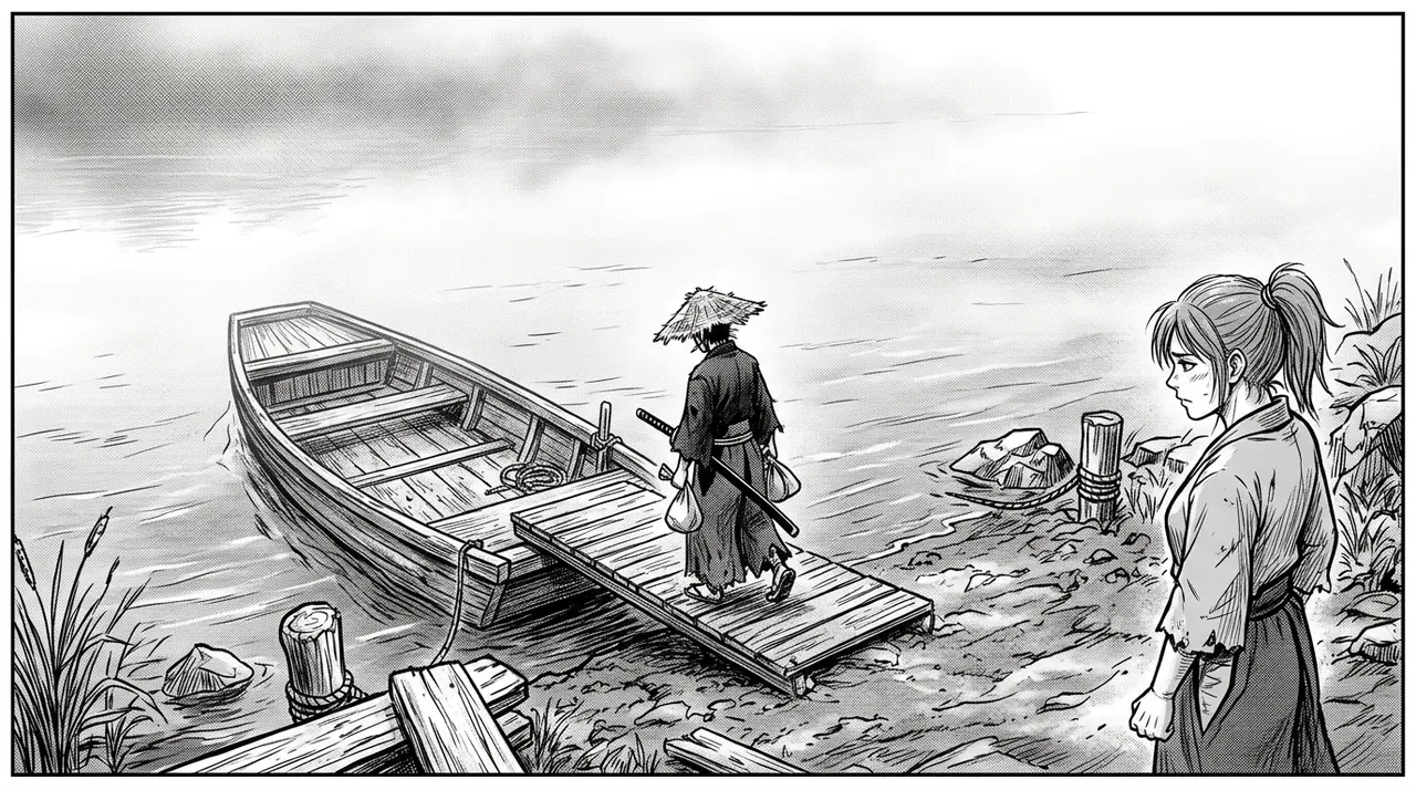 A final farewell at a river dock as one warrior boards a lone ferry into fog