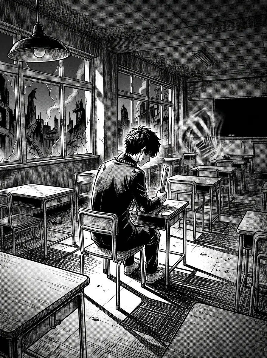 A teenage exorcist sits alone in an empty classroom after failing to save a friend