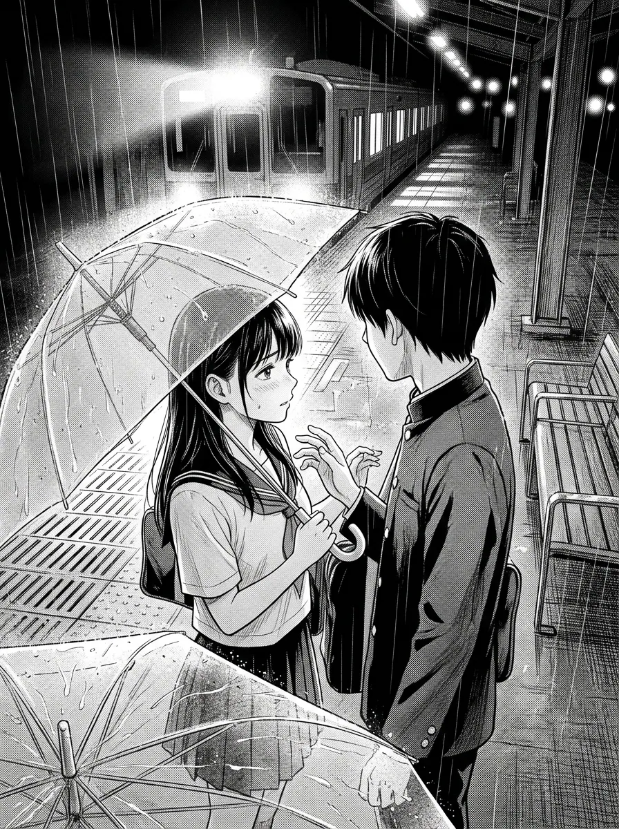A high school couple share one umbrella on a rainy platform, hands almost touching as the last train arrives