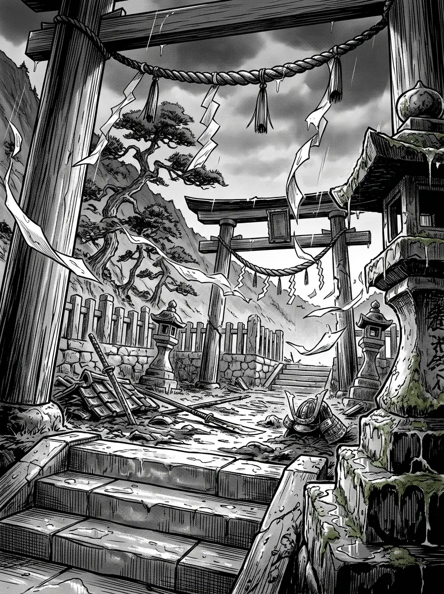 A mountain shrine courtyard after rain, wet stone lanterns and torn prayer strips moving in wind