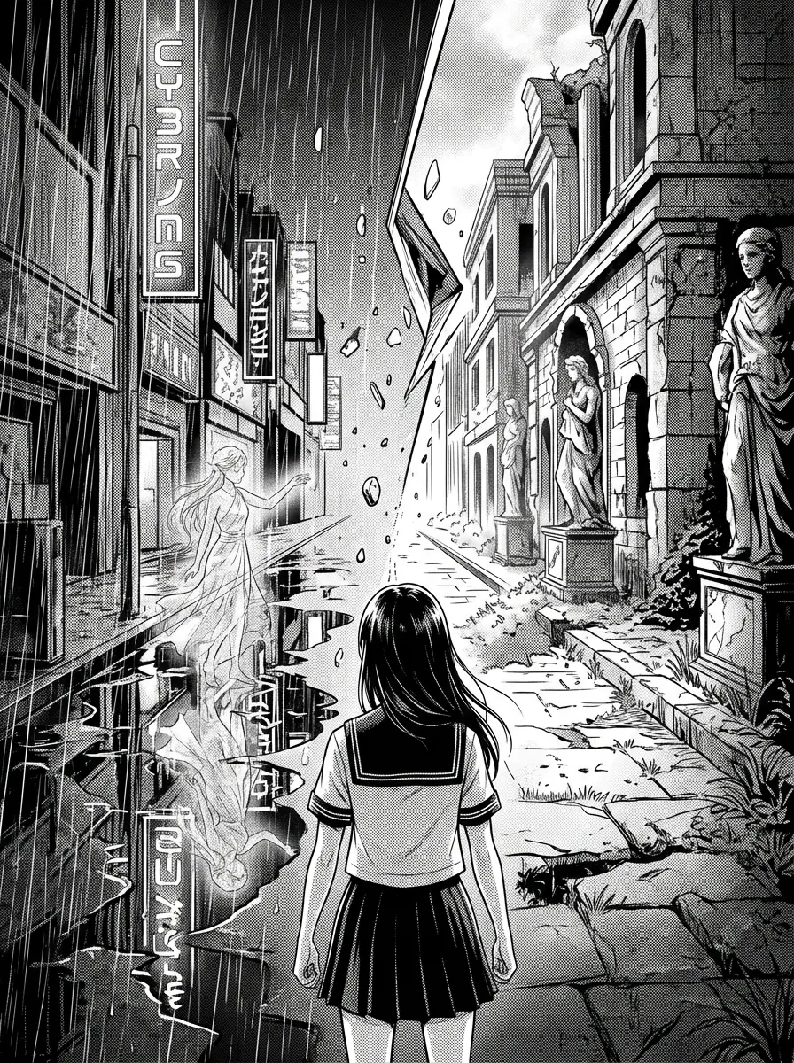 A split-reality avenue where one side is neon rain and the other side is ancient stone